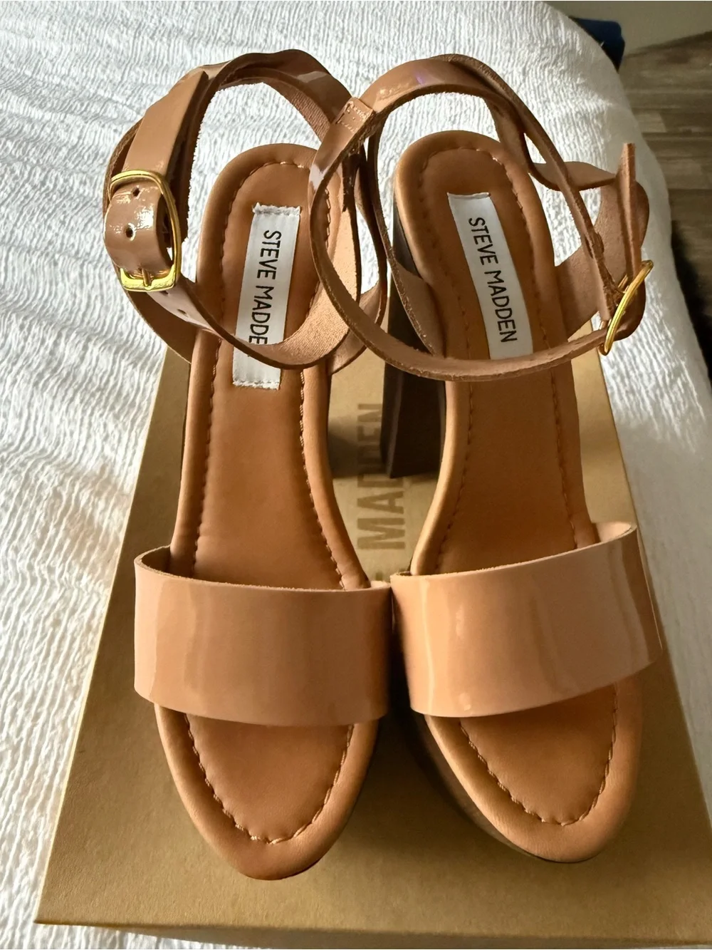 Steve Madden Blush Patent Platform Sandals with Wood Block Heel